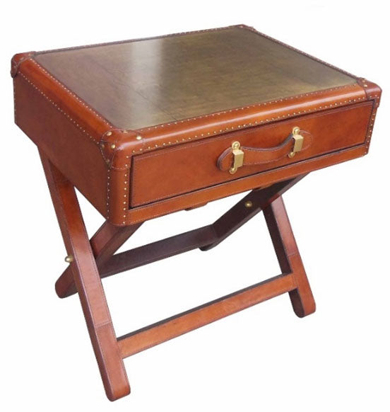 Handcrafted Leather & Brass Side Table with Brass Top - Cognac