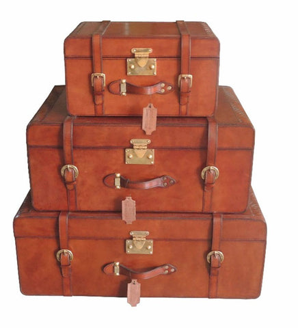 Handcrafted Leather & Brass Weave Set of 3 Trunks - Cognac