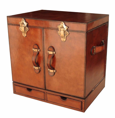 Handcrafted Leather & Brass Mini Bar Cabinet - Cognac