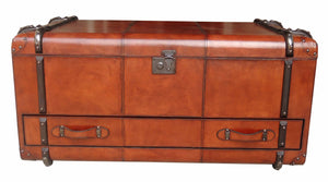 Handcrafted Leather & Brass Coffee Table Trunk With Drawer
