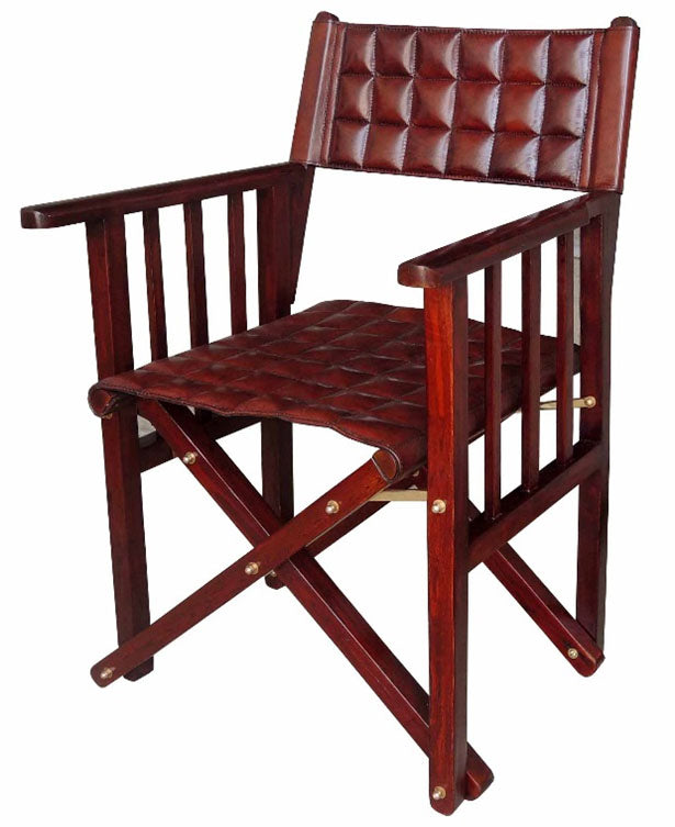 Handcrafted Wooden Quilted Leather & Brass Director Chair -