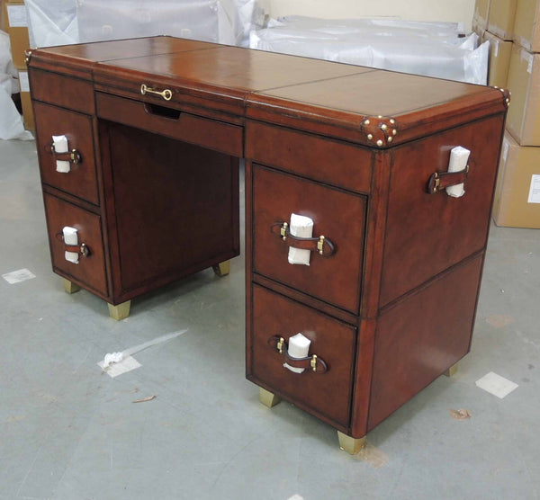 Handcrafted Leather & Brass Tri-Colour Writing Desk