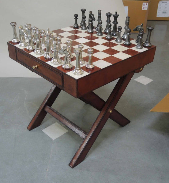 Handcrafted Leather & Brass Chess Set With Table - Cognac