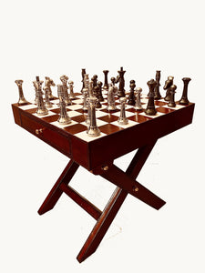 Handcrafted Leather & Brass Chess Set With Table - Cognac