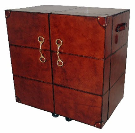 Handcrafted Leather & Brass Bar Cabinet - Cognac