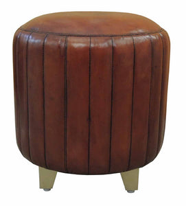 Handcrafted Leather & Brass Ribbed Pouf - Cognac