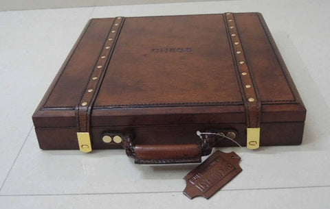 Handcrafted Leather & Brass Double Strap Case with Chess Set