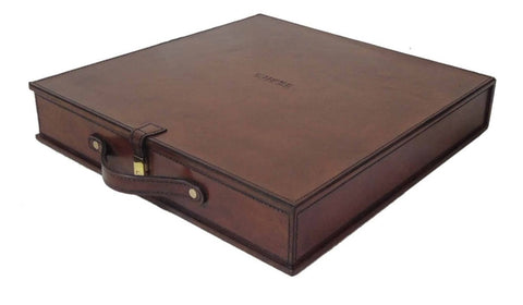 Handcrafted Leather & Brass Case With Chess Set - Cognac