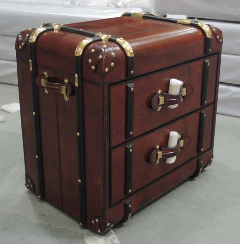 Handcrafted Leather & Brass 2 Drawer Side Table Trunk